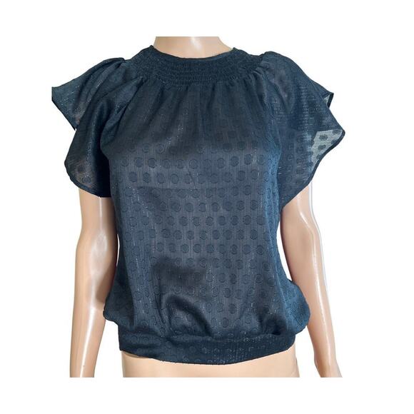 Express top blouse black/gold ruffle sleeve ruched bottom keyhole back SZ SM - Picture 2 of 10